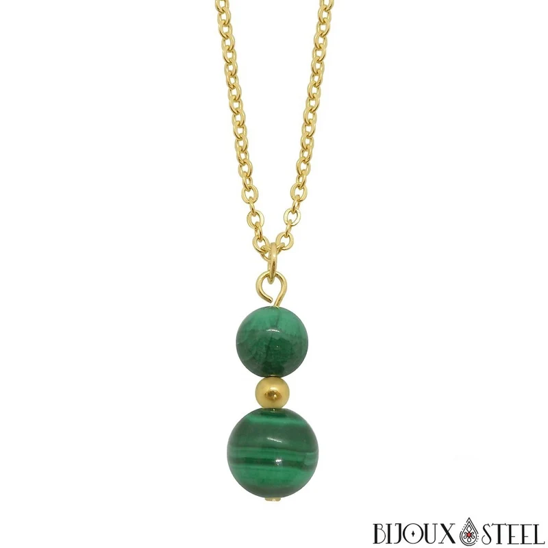 Collier à pendentif deux perles en pierre de malachite
