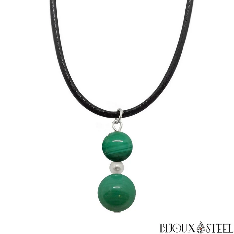 Collier à pendentif deux perles en pierre de malachite