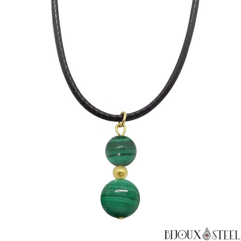 Collier à pendentif deux perles en pierre de malachite