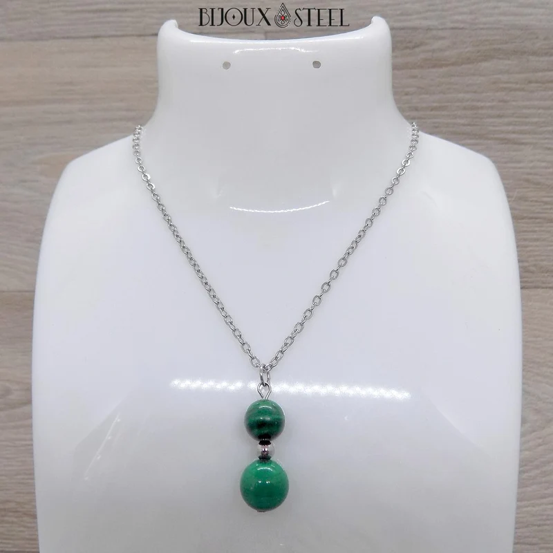 Collier à pendentif deux perles en pierre de malachite
