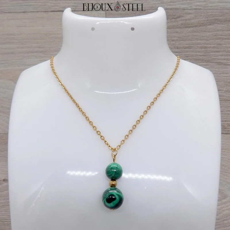 Collier à pendentif deux perles en pierre de malachite