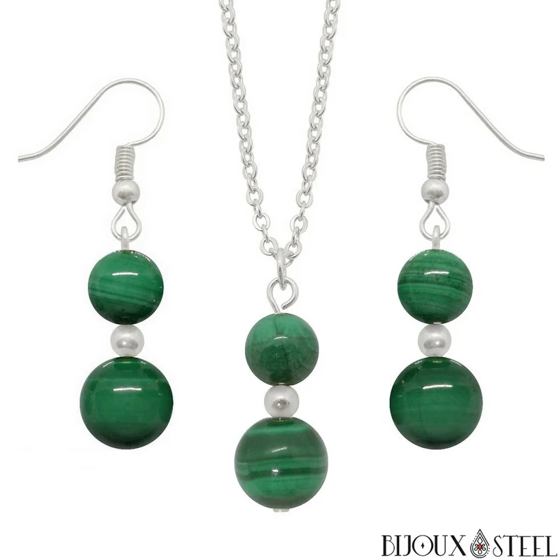 Parure malachite en pierre naturelle et acier inoxydable