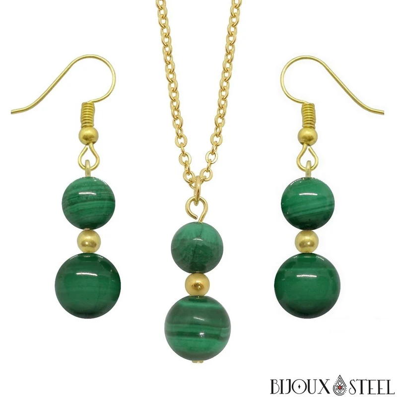 Parure malachite en pierre naturelle et acier inoxydable