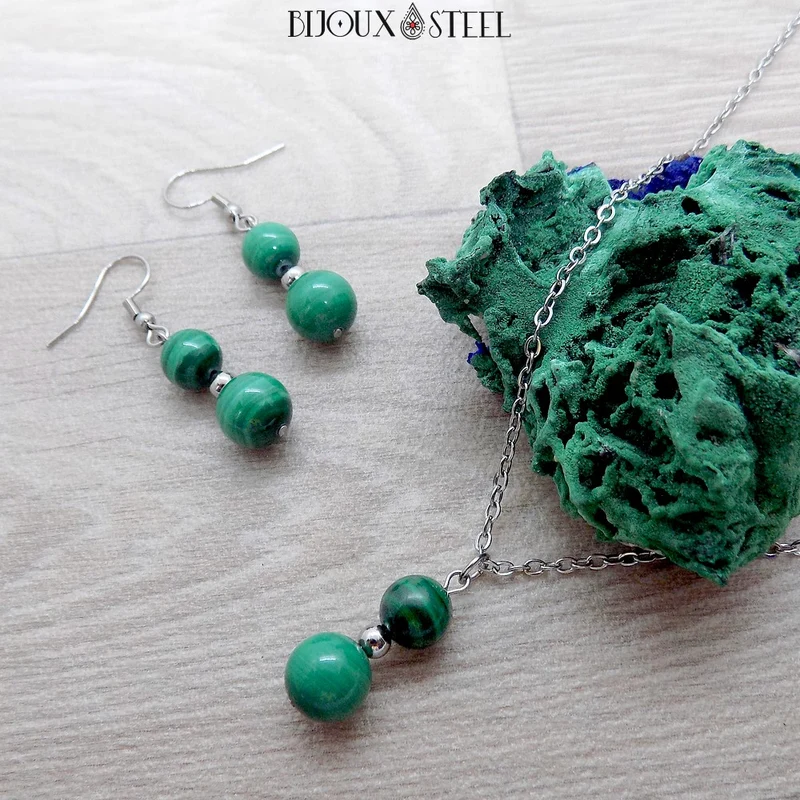 Parure malachite en pierre naturelle et acier inoxydable