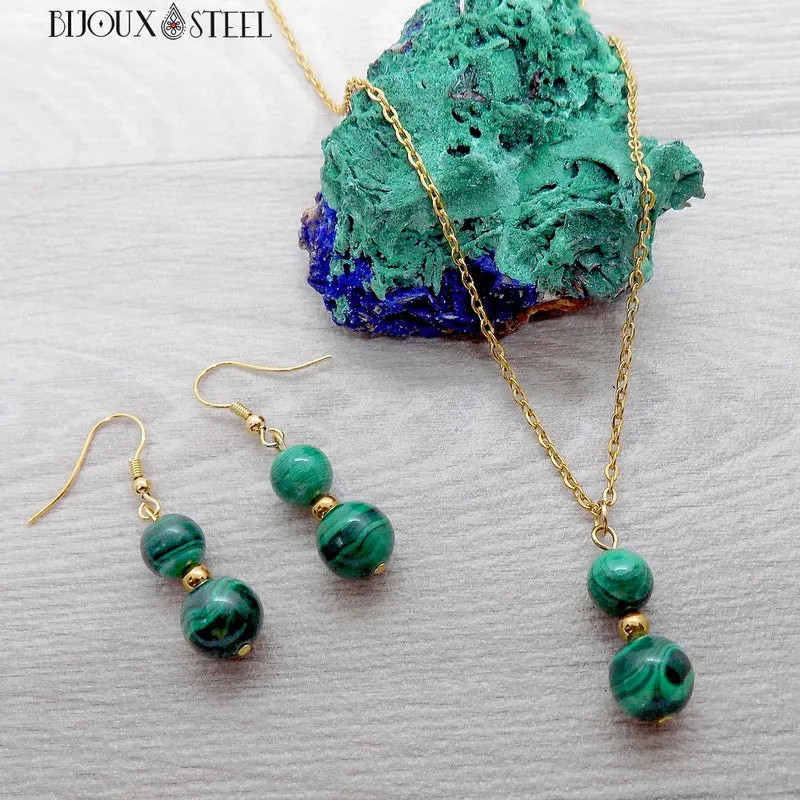 Parure malachite en pierre naturelle et acier inoxydable