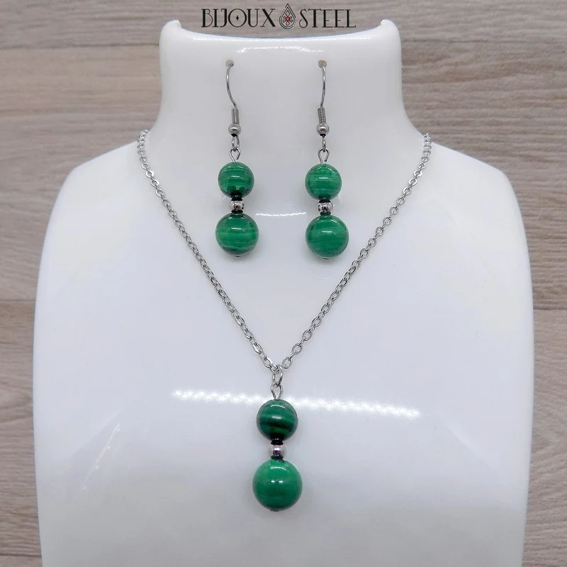 Parure malachite en pierre naturelle et acier inoxydable