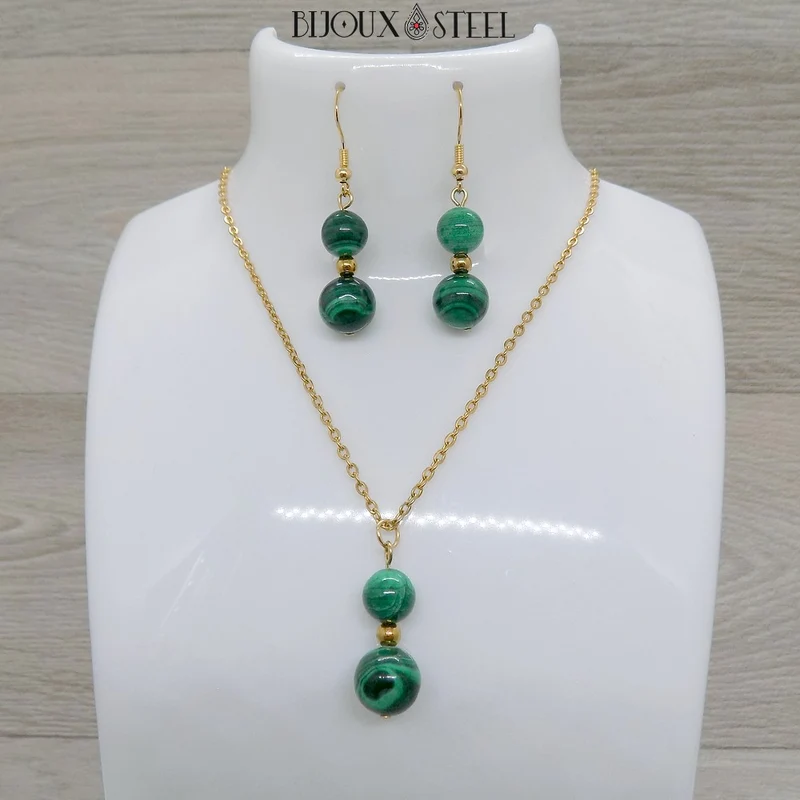 Parure malachite en pierre naturelle et acier inoxydable