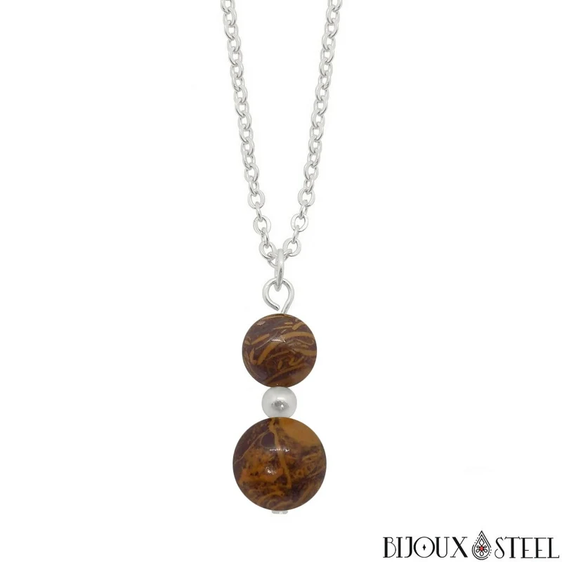Collier à pendentif deux perles en pierre de jaspe éléphant