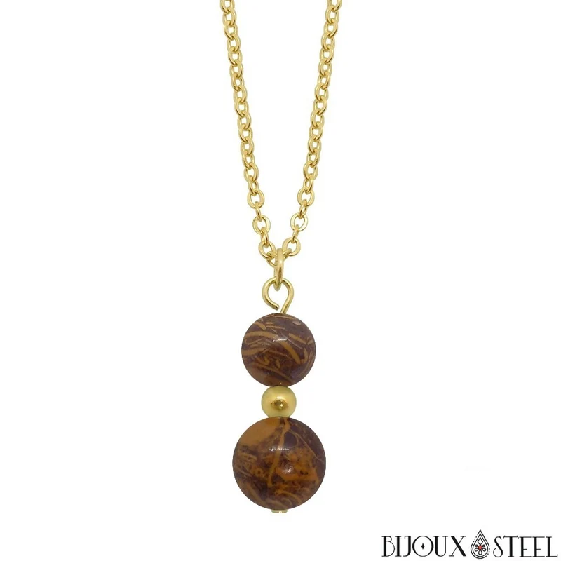 Collier à pendentif deux perles en pierre de jaspe éléphant