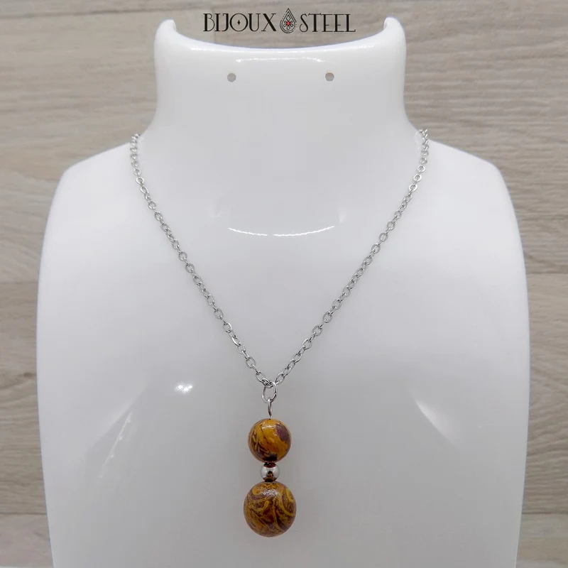 Collier à pendentif deux perles en pierre de jaspe éléphant