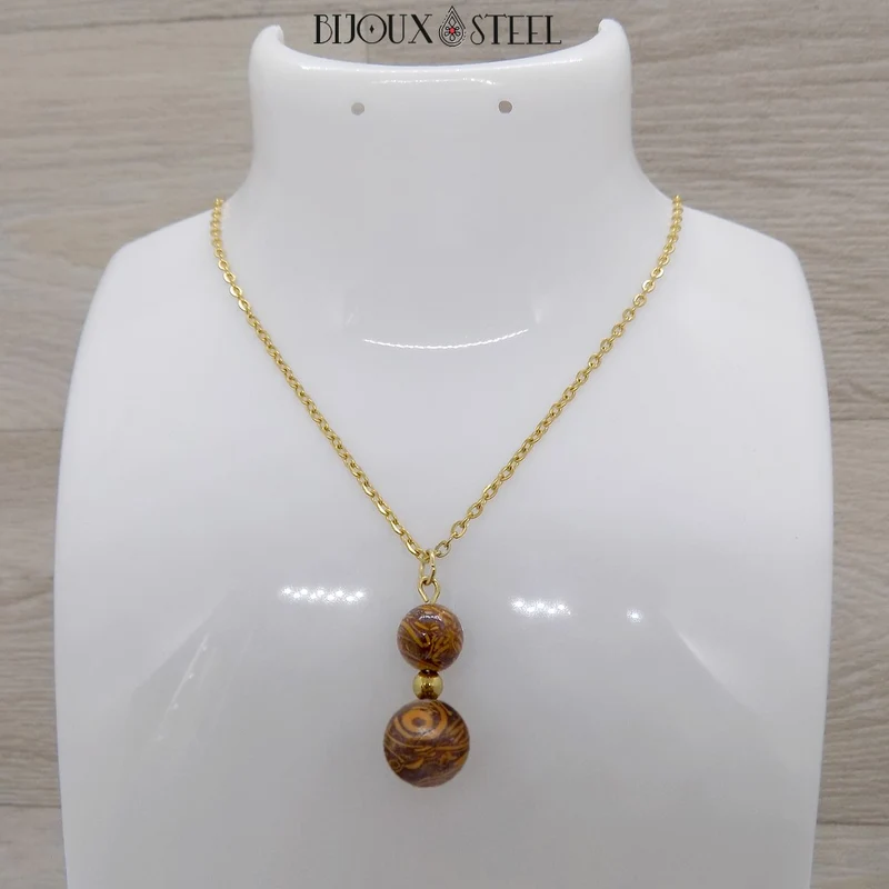 Collier à pendentif deux perles en pierre de jaspe éléphant
