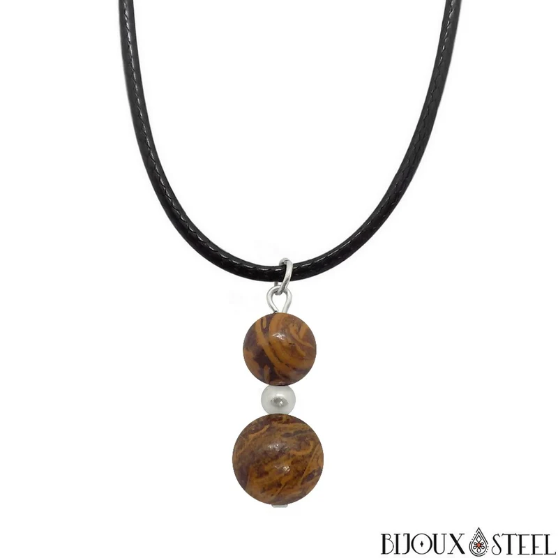 Collier à pendentif deux perles en pierre de jaspe éléphant