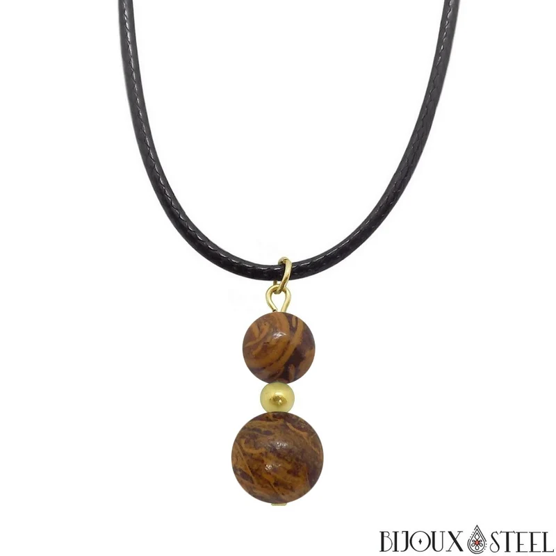 Collier à pendentif deux perles en pierre de jaspe éléphant