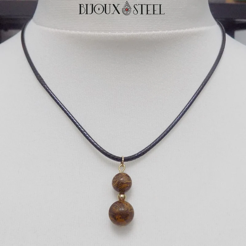Collier à pendentif deux perles en pierre de jaspe éléphant