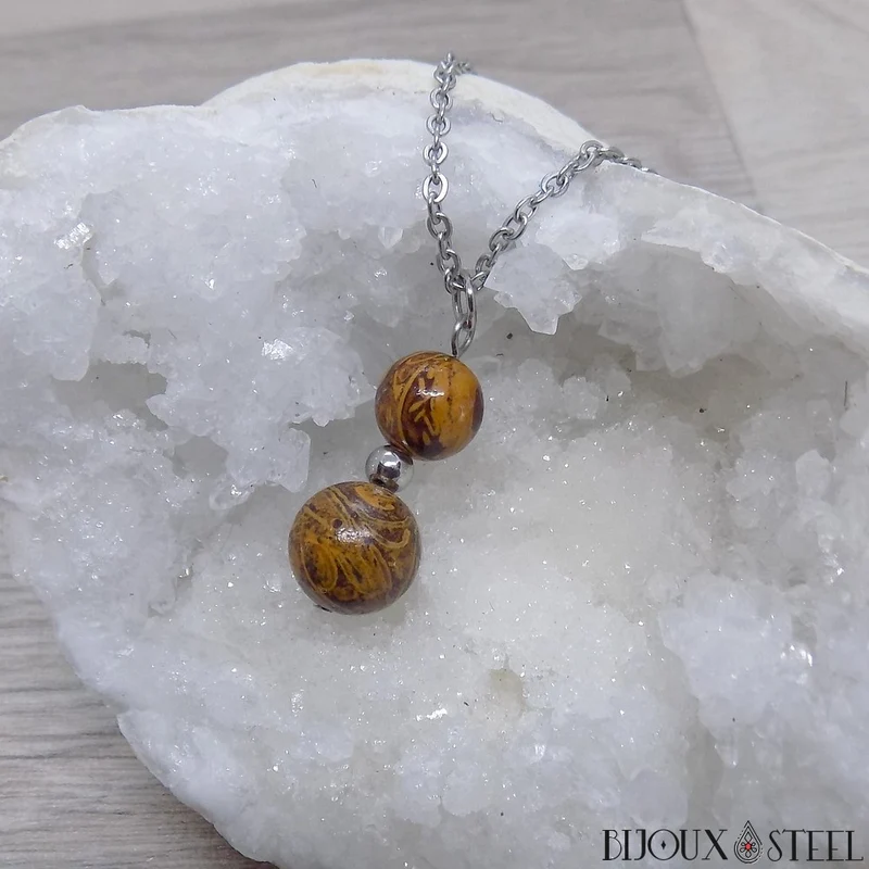 Collier à pendentif deux perles en pierre de jaspe éléphant