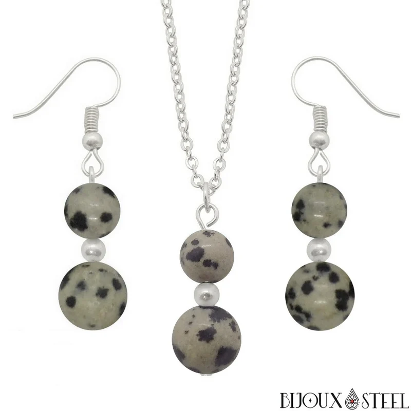 Parure jaspe dalmatien en pierre naturelle et acier inoxydable