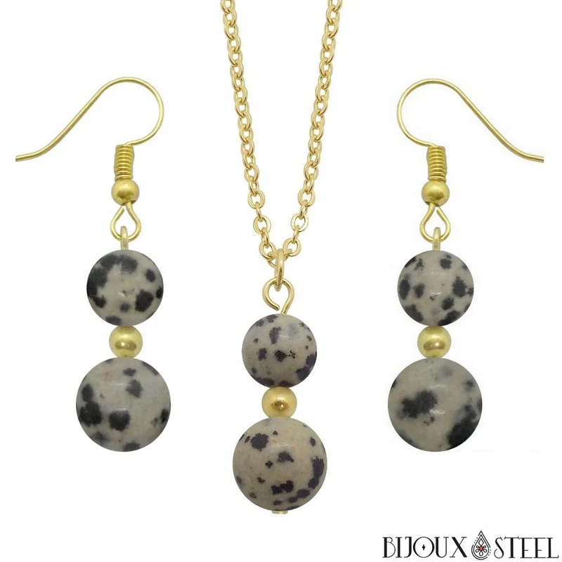 Parure jaspe dalmatien en pierre naturelle et acier inoxydable
