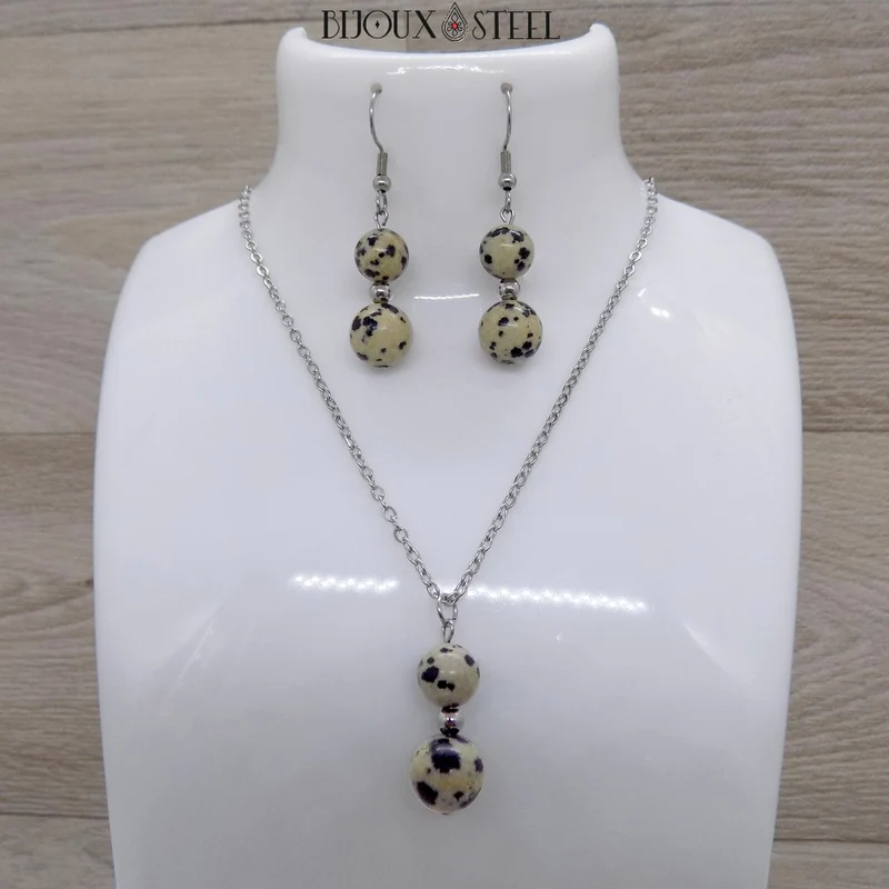 Parure jaspe dalmatien en pierre naturelle et acier inoxydable