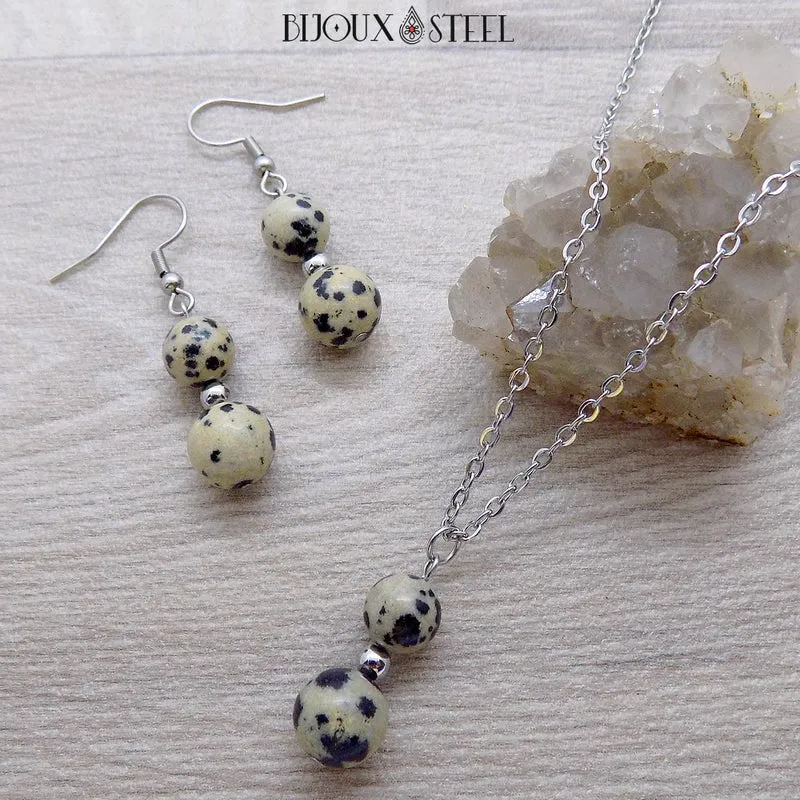 Parure jaspe dalmatien en pierre naturelle et acier inoxydable