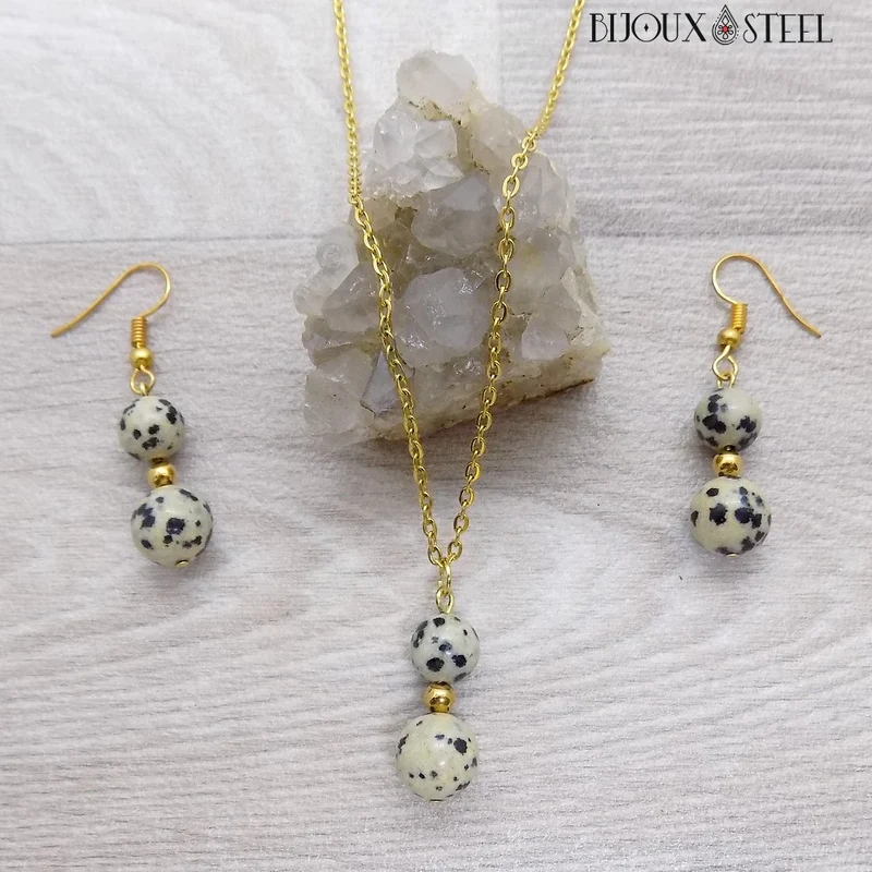 Parure jaspe dalmatien en pierre naturelle et acier inoxydable