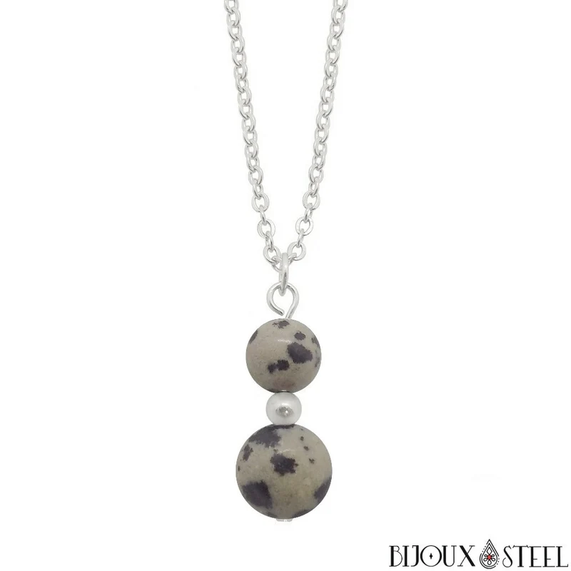 Collier à pendentif deux perles en pierre de jaspe dalmatien