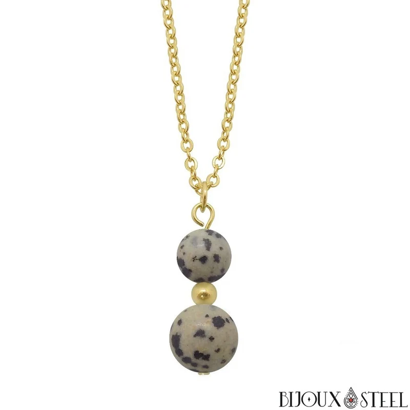 Collier à pendentif deux perles en pierre de jaspe dalmatien