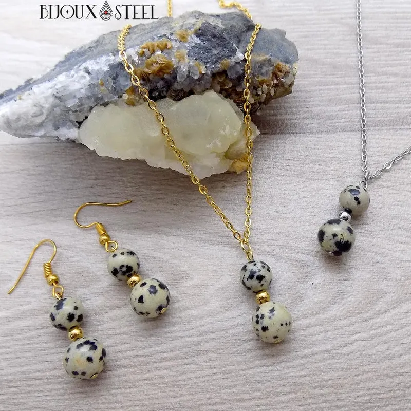 Collier à pendentif deux perles en pierre de jaspe dalmatien