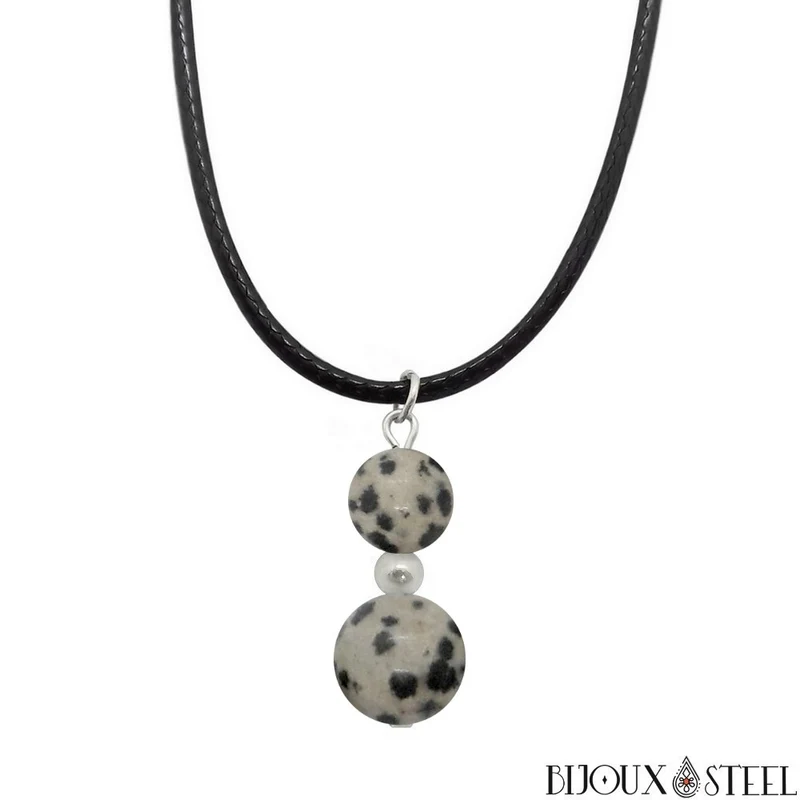 Collier à pendentif deux perles en pierre de jaspe dalmatien
