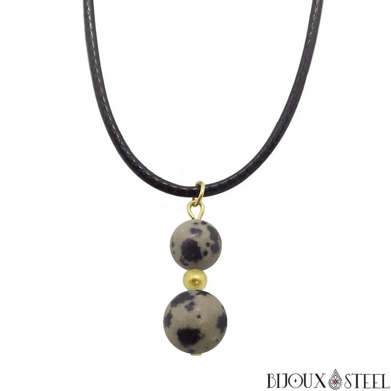 Collier à pendentif deux perles en pierre de jaspe dalmatien