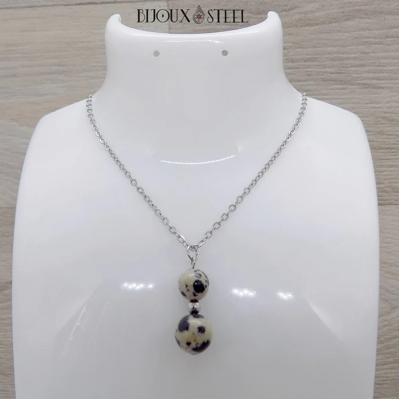 Collier à pendentif deux perles en pierre de jaspe dalmatien