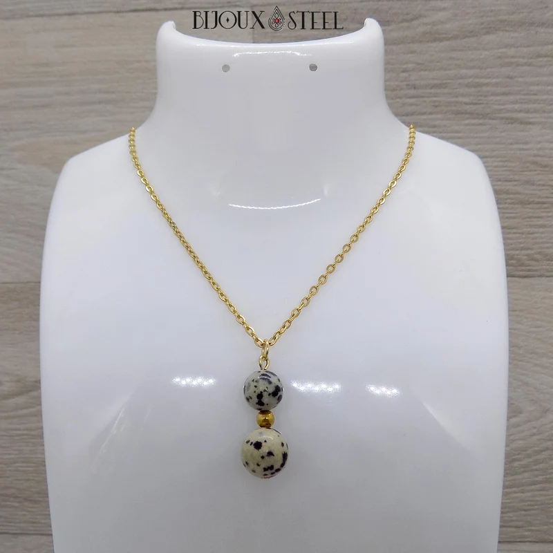 Collier à pendentif deux perles en pierre de jaspe dalmatien