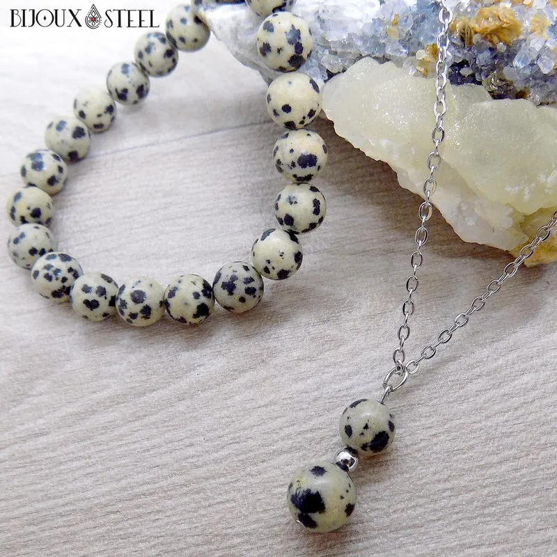 Collier à pendentif deux perles en pierre de jaspe dalmatien