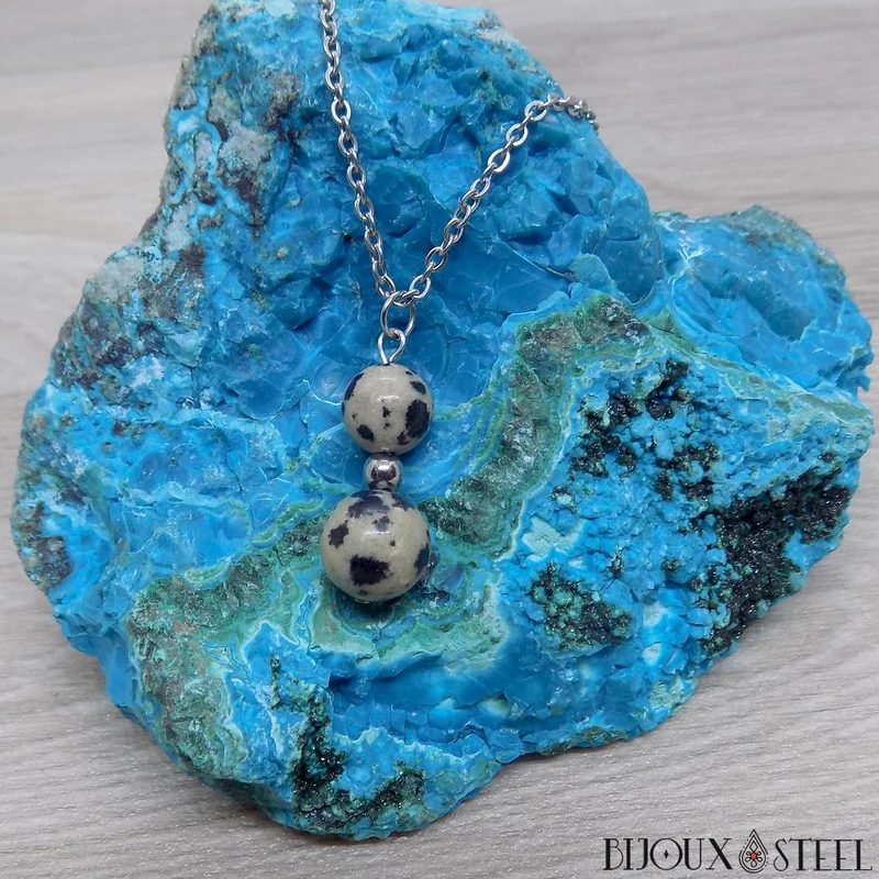 Collier à pendentif deux perles en pierre de jaspe dalmatien