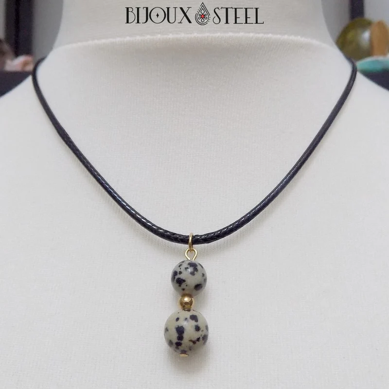 Collier à pendentif deux perles en pierre de jaspe dalmatien