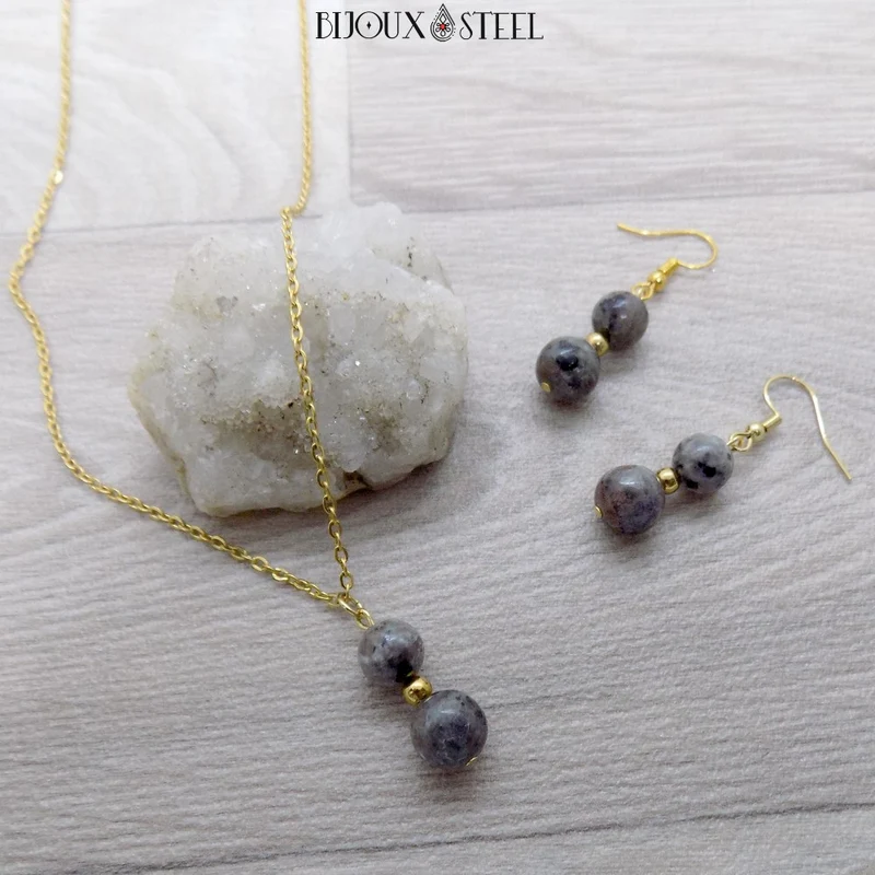 Collier à pendentif deux perles en pierre de yooperlite