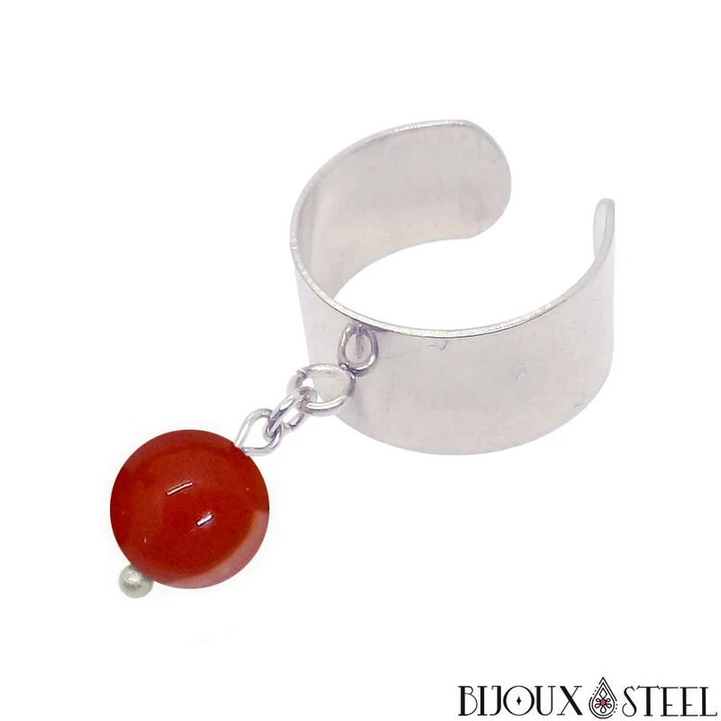 Bague large ajustable à perle d'agate rouge teintée