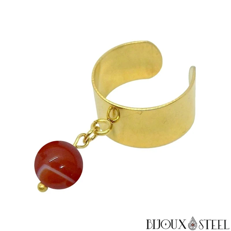 Bague large ajustable à perle d'agate rouge teintée