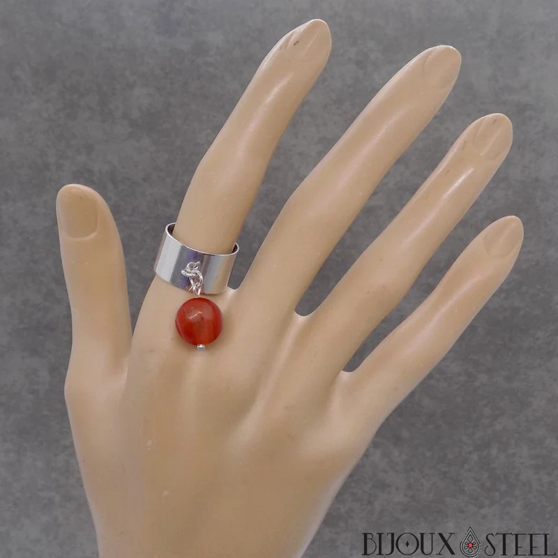 Bague large ajustable à perle d'agate rouge teintée