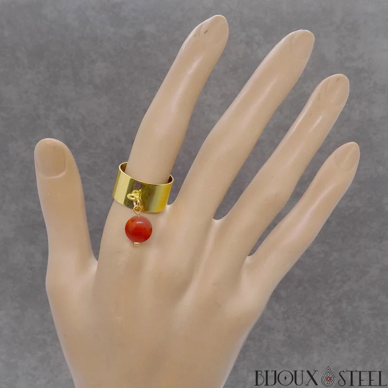 Bague large ajustable à perle d'agate rouge teintée