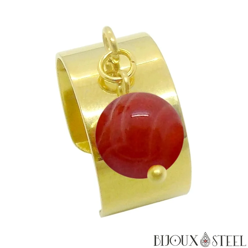 Bague large ajustable à perle d'agate rouge teintée