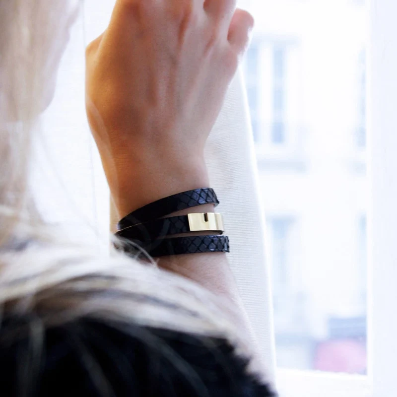 Bracelet cuir python noir | U'TURN.TRIPLE