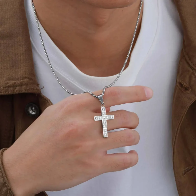 Collier Croix Argent Zircon Homme
