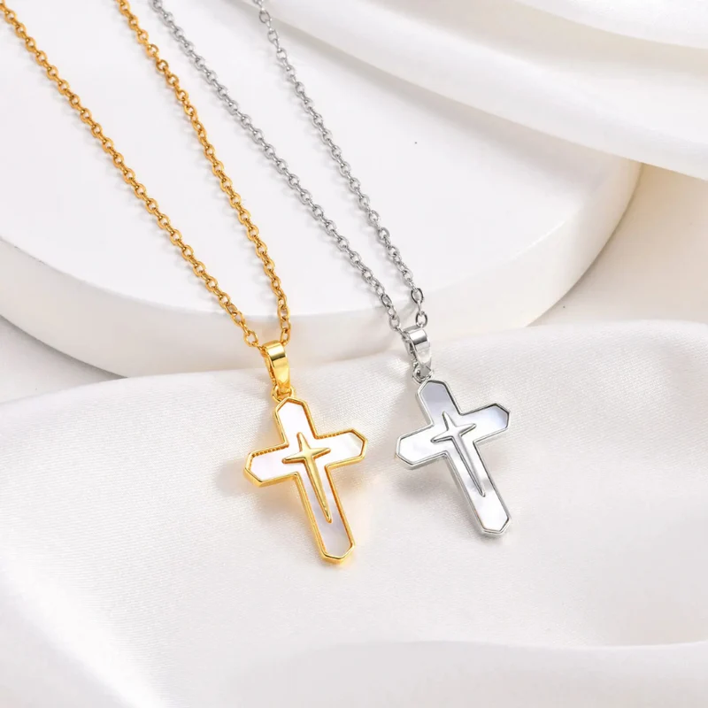 Collier Croix Nacre Blanc Or