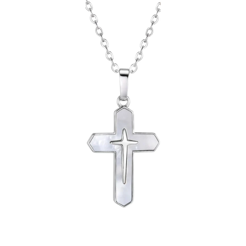 Collier Croix Nacre Blanc Argent
