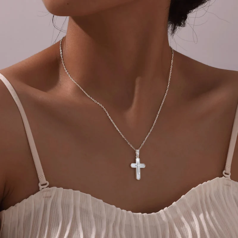 Collier Croix Nacre Blanc Argent
