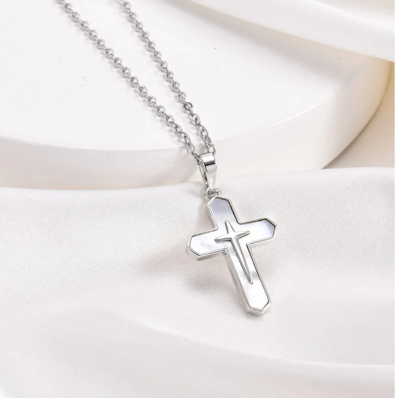 Collier Croix Nacre Blanc Argent