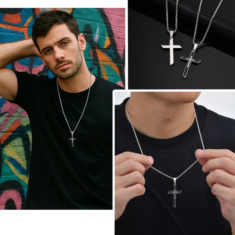 Collier Croix Argent et Noire Homme