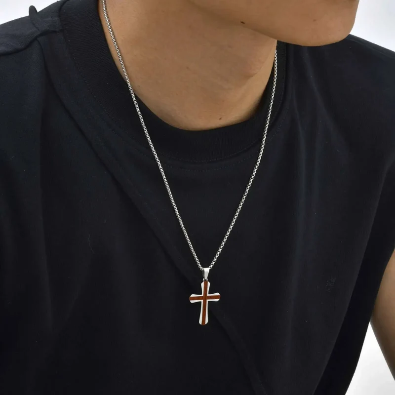 Collier Croix Acier et Bois Homme