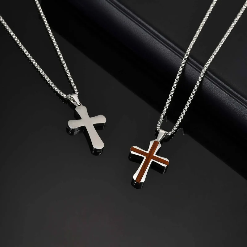 Collier Croix Acier et Bois Homme