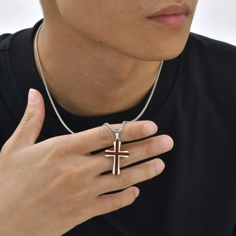 Collier Croix Acier et Bois Homme